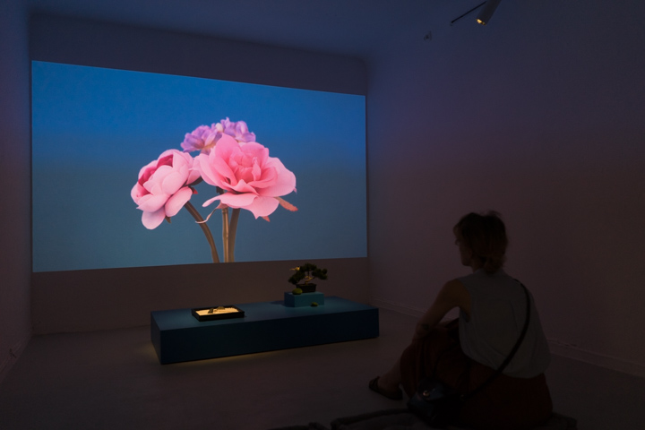 Na zdjęciu widać przyciemnioną salę. W pierwszym planie siedzi tyłem kobieta na podłodze. Na ścianie na przeciwko wyświetlony jest kadr z filmu. Przedstawia różowe kwiaty na niebieskim tle. 