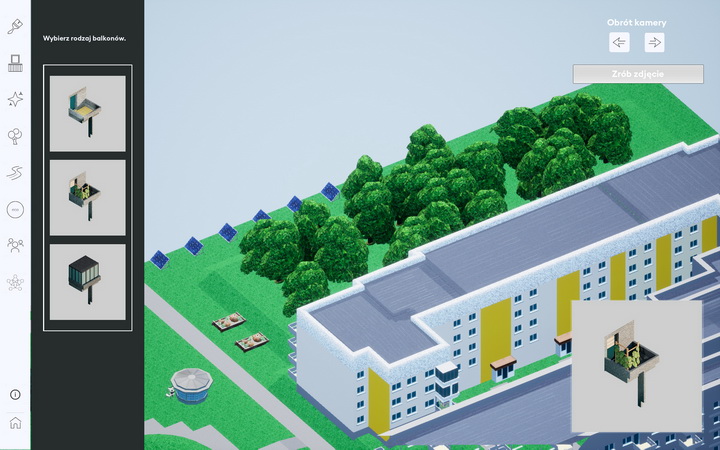 Jest to screen z ekranu komputera przedstawiający grafikę komputerową. Widzimy fragment szarego bloku mieszkalnego, z żółtymi pionowymi elementami. Z tyłu znajdują się drzewa i trawnik. Po lewej stronie na czarnym tle znajdują się 3 projekty balkonów. W rogu po prawej stronie na dole widzimy powiększony fragment przedstawiający jeden z balkonów. 