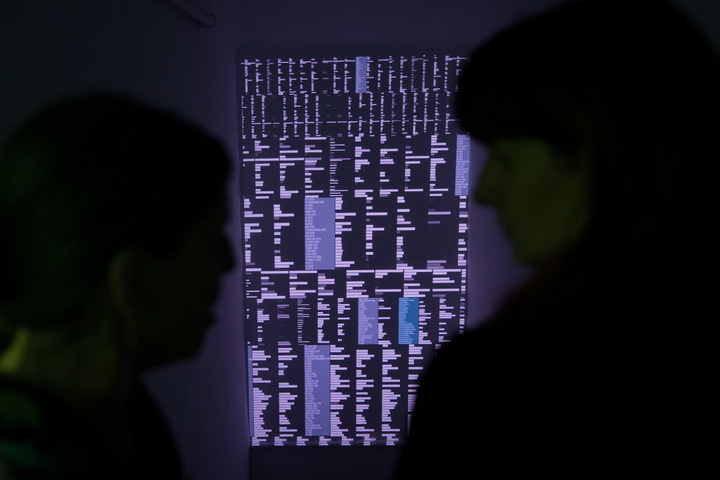 W pierwszym planie widać ciemne sylwetki widzów. W głębi na ścianie projekcja grafiki komputerowej.