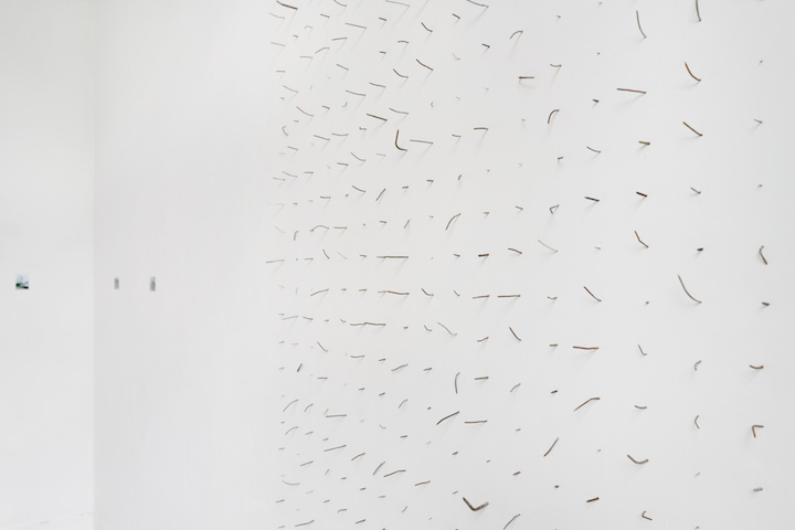 Fragment instalacji składającej się z powbijanych w białą ścianę 400 gwoździ. Gwoździe są bez łebków, powyginane są w różne strony.